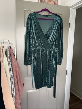 Simplee Apparel Teal Green Velvet Wrap Dress